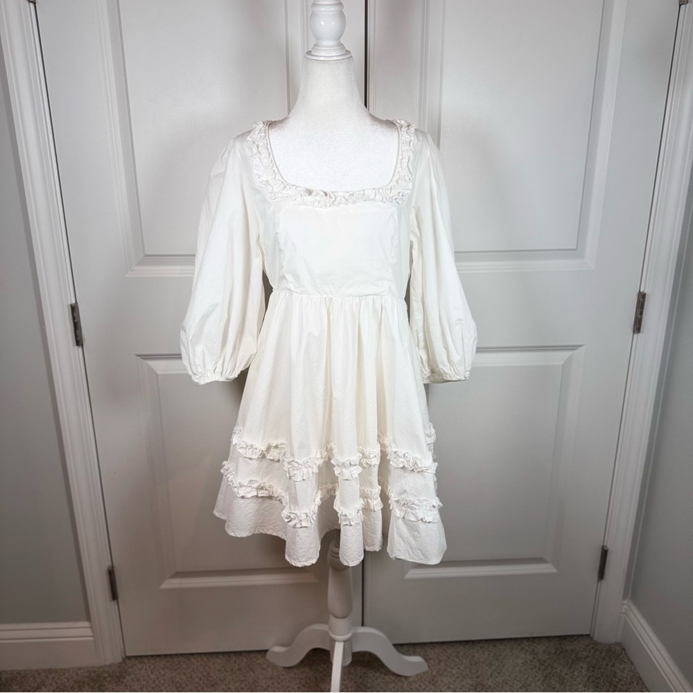 Mable White Puff Sleeve Ruffle Tiered Mini Dress L Cottagecore Bridal Shower